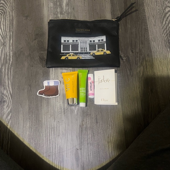 Handbags - -Saks Fifth Avenue Black and Yellow Toiletry Bag stuff under bag is included